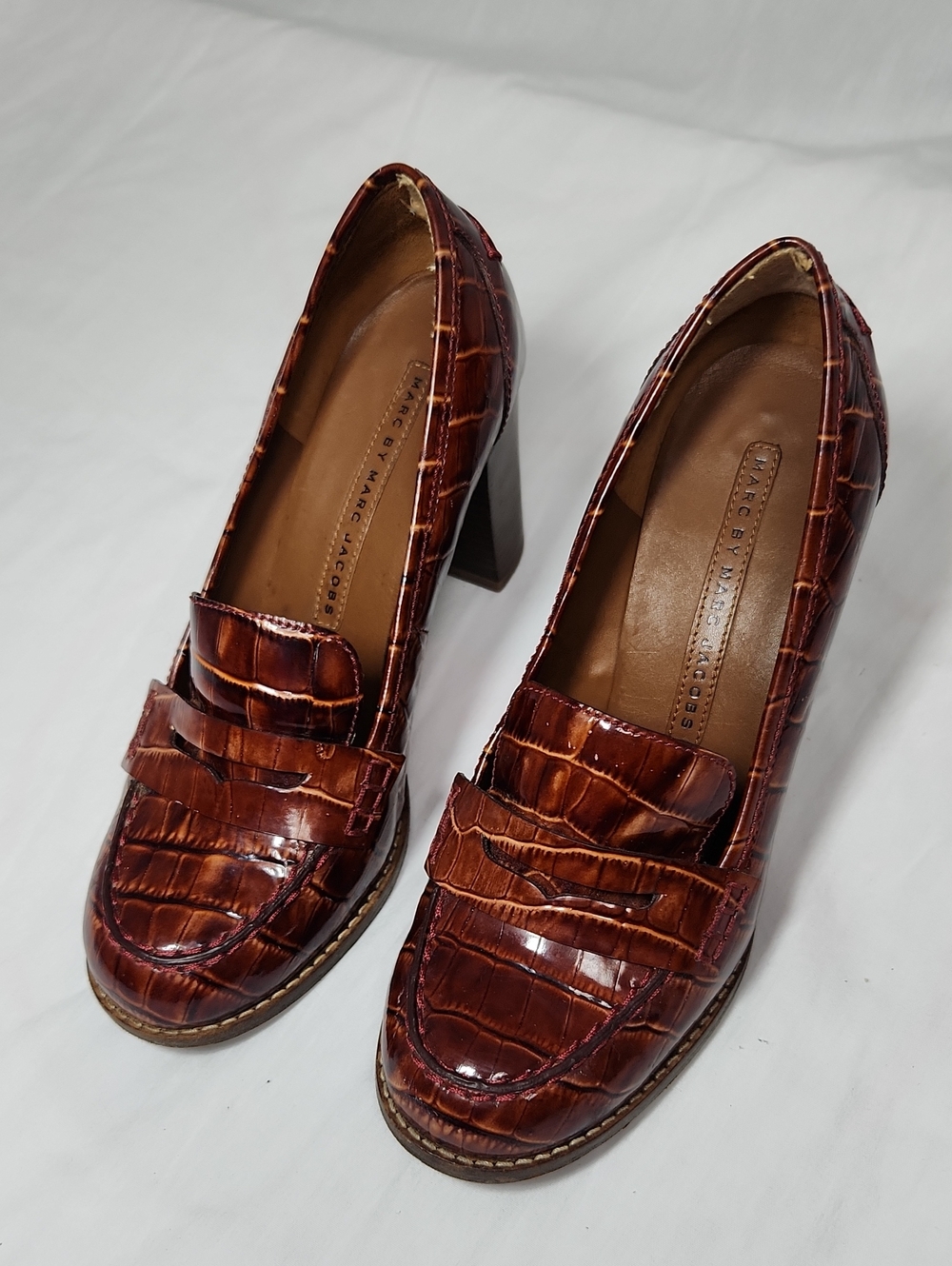 Marc Jacobs Brown Croc-Embossed Leather Block Heel Loafers
